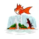 Magikarp swimming up an Waterfall from the bottom, at the top of the Waterfall Kaido in his Dragon Form tattoo design idea