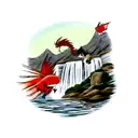 Magikarp swimming up an Waterfall from the bottom, at the top of the Waterfall Kaido in his Dragon Form tattoo design idea