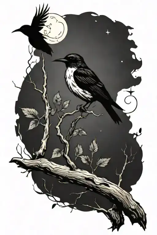 incorporate a birch tree, a hummingbird, a raven, the outline of the state of Wisconsin, a moon, a tattoo design idea