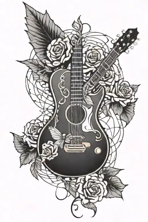 A detailed blackwork tattoo of a guitar string with a pilot'wing, a rose simbolizing progression and dedication tattoo design idea