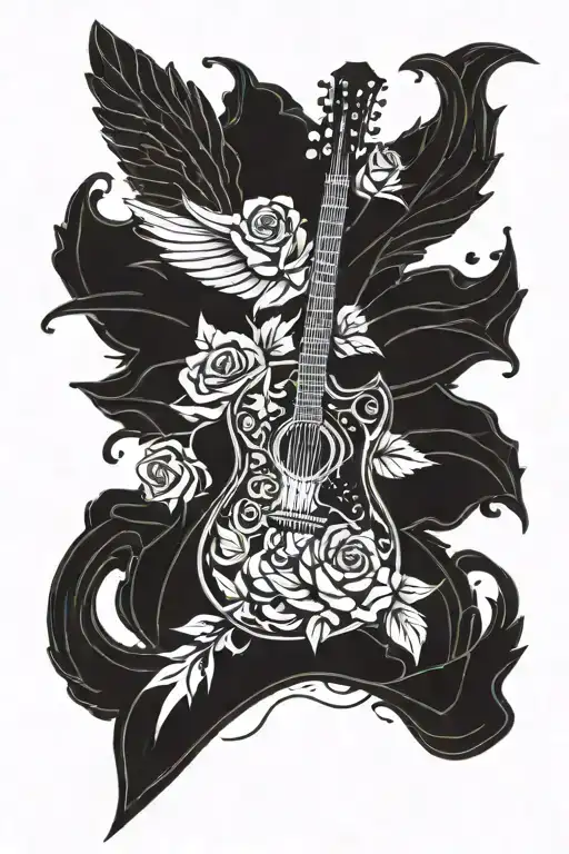 A detailed blackwork tattoo of a guitar with a pilot'wing, a rose simbolizing progression and dedication tattoo design idea