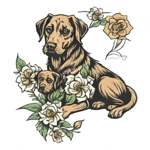 nursing dogs flowers tattoo design idea