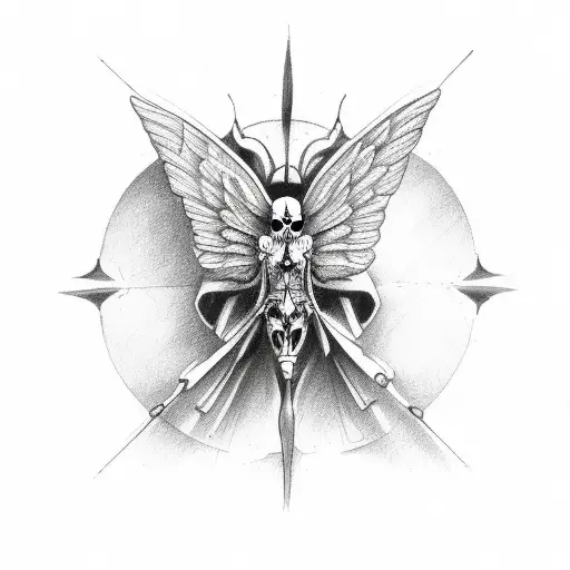 Butterfly instead of wings angel and skull tattoo design idea