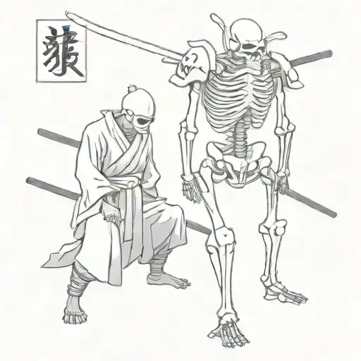 A skeleton samurai stands in front of a samurai man who is kneeling with his head bowed down tattoo design idea