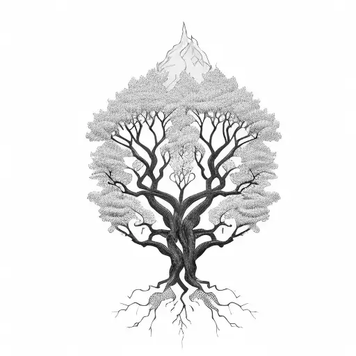 A majestic tree with roots that spell out 'Family' tattoo design idea