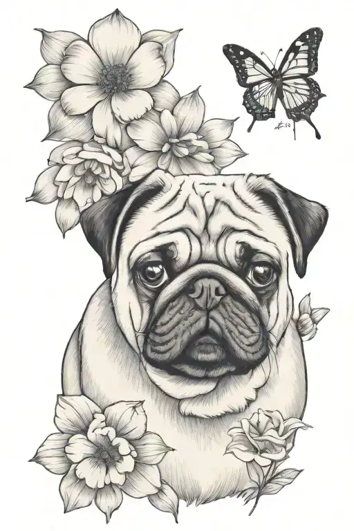 flowers, pugs sand and black grey style tattoo design idea