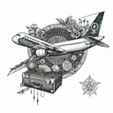 An Asian-inspired mandala with travel symbols like planes and suitcases incorporated into the design tattoo design idea