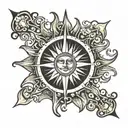 Sun with 16 rays radiating. at the center of the sun logo of Norton LifeLock. tattoo design idea
