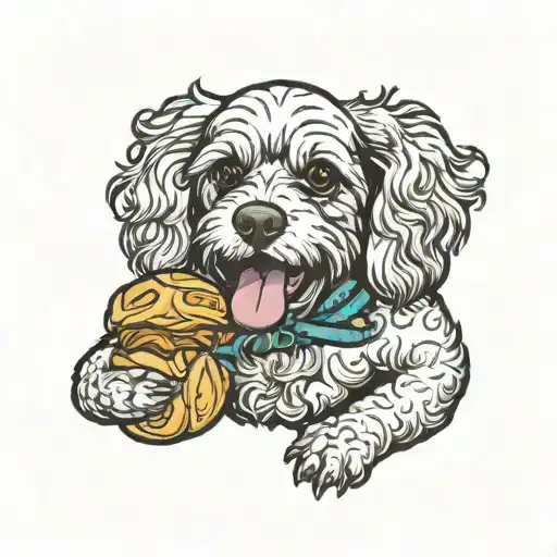 cockapoo dog biting croissant tattoo design idea