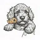cockapoo dog biting croissant tattoo design idea