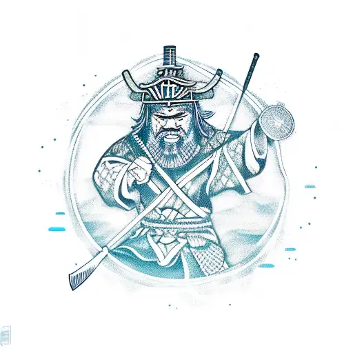 Samurai and Viking on a boat in the sea with water and reflection tattoo design idea