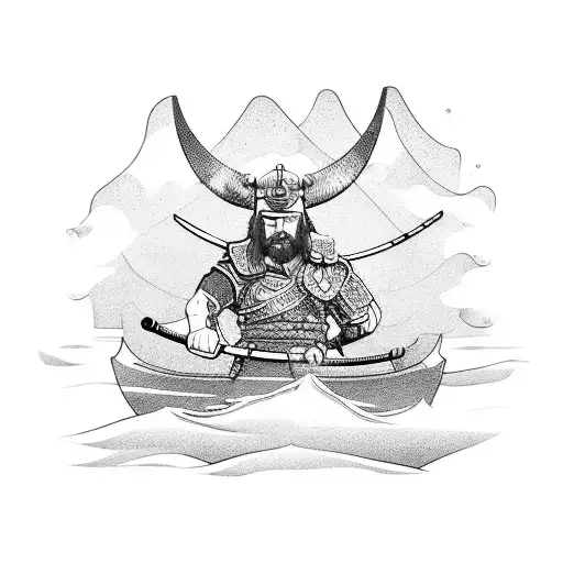 Samurai and Viking on a boat in the sea with water and reflection tattoo design idea