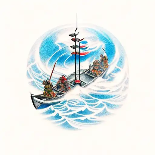 Samurai and Viking on a boat in the sea with water and reflection tattoo design idea