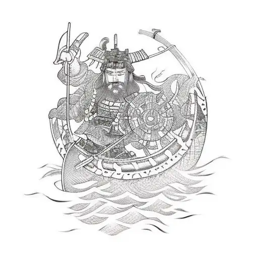 Samurai and Viking on a boat in the sea with water and reflection tattoo design idea