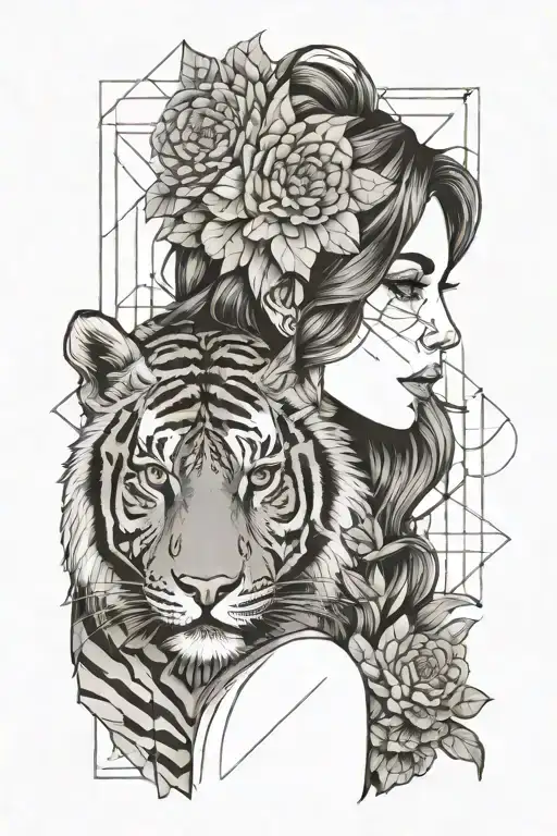 girl and tiger with gerbera tattoo design idea