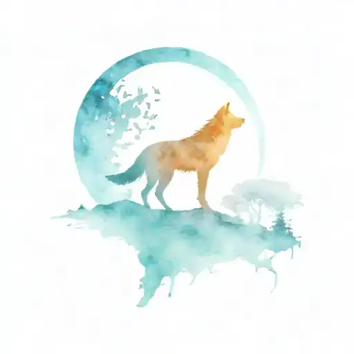 wolf silhouette on a mountain with a watercolor blue moon tattoo design idea