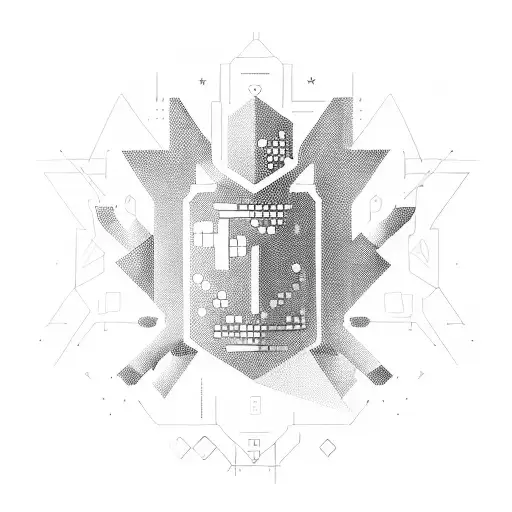 A stylized geometric tattoo of a hacker breaking through a digital firewall with computer elements tattoo design idea