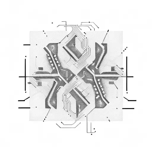 An abstract design of interconnected computer circuitry with hidden hacker codes tattoo design idea