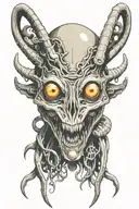 alien face with tusks and 6 eyes surrounded tattoo design idea