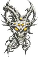 alien face with tusks and 6 eyes surrounded tattoo design idea