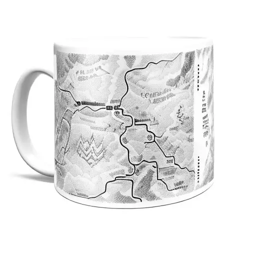 A coffee mug with a trail map wrapped around it tattoo design idea