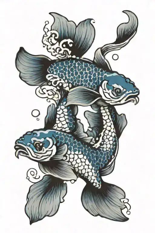 2 blue koi fish swimming upstream symbolizing perseverance tattoo design idea