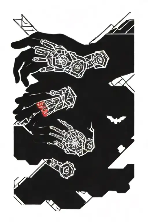 signs in hand that goes from the wrist to a finger, kind of cyber gothic vampire jewel in the middle tattoo design idea
