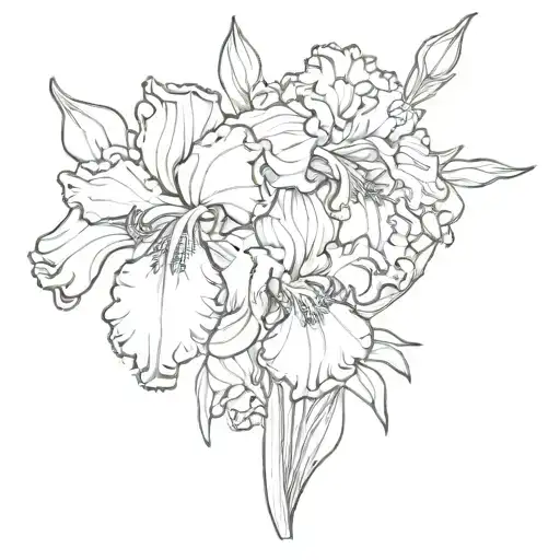 Iris, chrysanthemum, narcissus flower bouquet tattoo design idea