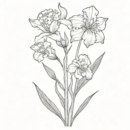 Iris, chrysanthemum, narcissus flower bouquet tattoo design idea