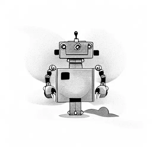 chest-to-stomach tattoo: robot, cool vibes, square robot eyes, angry human-like eyebrows. tattoo design idea