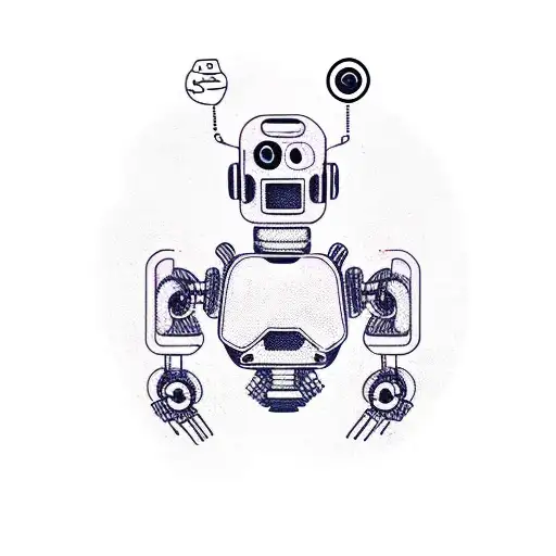 Generate chest-to-stomach tattoo: realistic robot, cool/delinquent vibes, square robot eyes, angry human-like eyebrows tattoo design idea