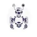 Generate chest-to-stomach tattoo: realistic robot, cool/delinquent vibes, square robot eyes, angry human-like eyebrows tattoo design idea