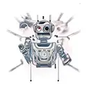 Generate chest-to-stomach tattoo: realistic robot, cool/delinquent vibes, square robot eyes, angry human-like eyebrows tattoo design idea