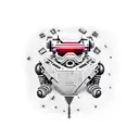 Generate chest-to-stomach tattoo: realistic robot, cool/delinquent vibes, square robot eyes, angry human-like eyebrows tattoo design idea