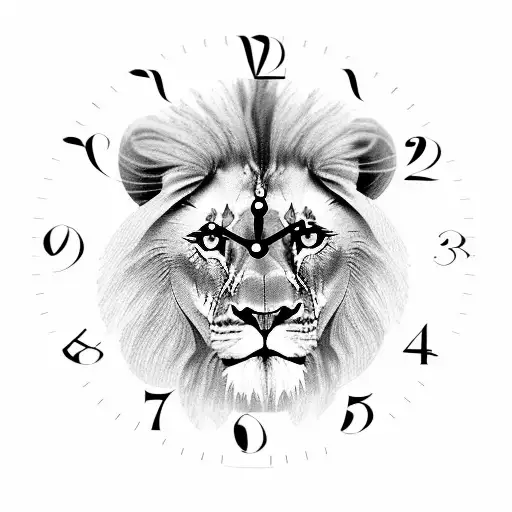 A majestic lion standing in front of a clock tower during a thunderstorm tattoo design idea