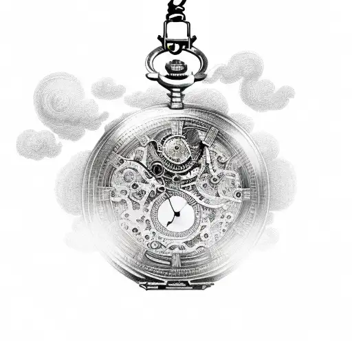 A pocket watch with intricate clockwork machinery surrounded by thunderstorm clouds tattoo design idea