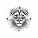 A majestic lion standing in front of a clock tower during a thunderstorm tattoo design idea