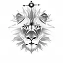 A majestic lion standing in front of a clock tower during a thunderstorm tattoo design idea