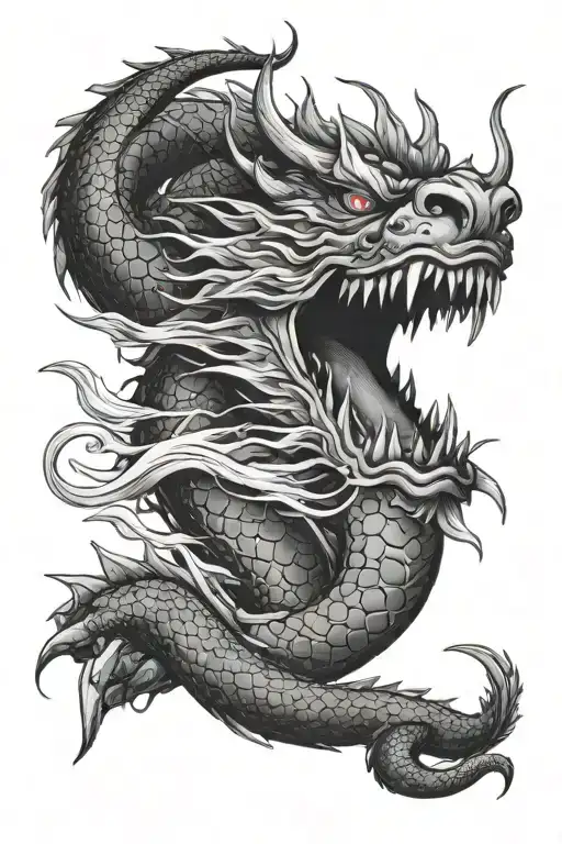Japanese dragon with angry face and catana in his mouth tattoo design idea