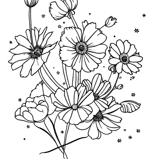 bouquet avec coquelicot, clochette d'hiver, cosmos, violette et pied d'alouette tattoo design idea
