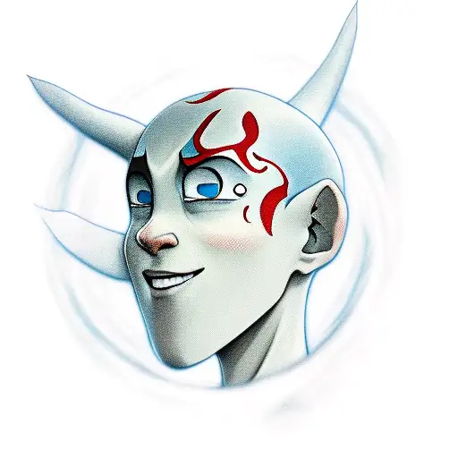 A realistic portrait of Aang from Avatar the Last Airbender surrounded by the four element symbols, each representing a different aspect of his character tattoo design idea