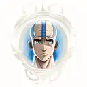 A realistic portrait of Aang from Avatar the Last Airbender surrounded by the four element symbols, each representing a different aspect of his character tattoo design idea
