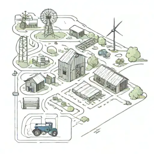 simple linear farm layout with a tractor, barn, windmill and a house   tattoo design idea