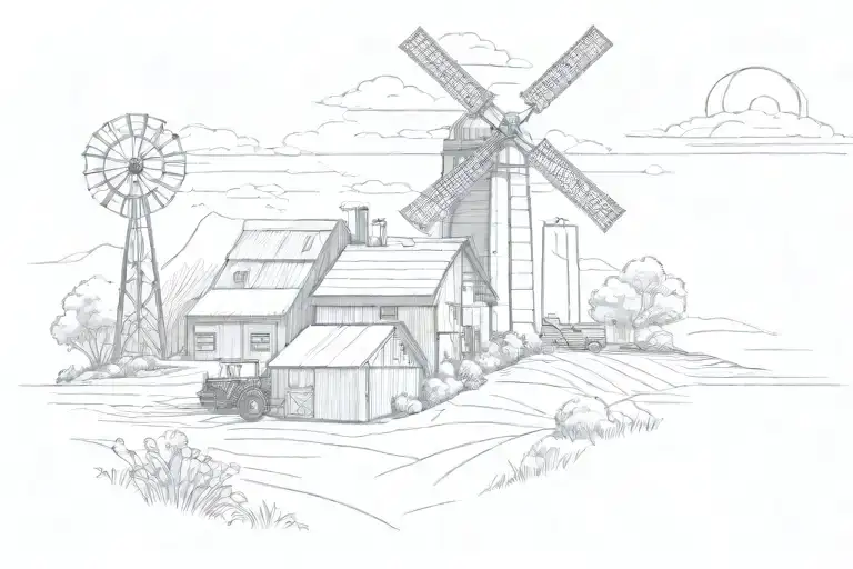 geometric farm with tractor barn windmill house tattoo design idea