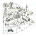 simple linear farm layout with a tractor, barn, windmill and a house   tattoo design idea