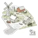 simple linear farm layout with a tractor, barn, windmill and a house   tattoo design idea