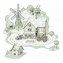 simple linear farm layout with a tractor, barn, windmill and a house   tattoo design idea