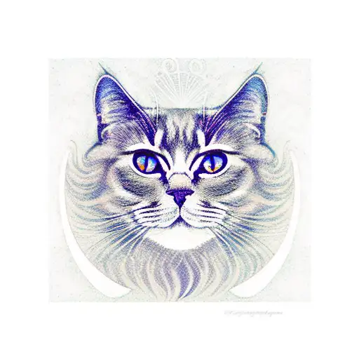 "Midnight Drapes". The design features a black cat sitting on a crescent moon, surrounded by a midnight blue and purple  tattoo design idea