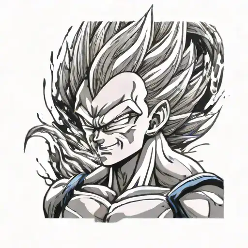 Design a hauntingly beautiful portrait of Vegeta as a Majin, with dark energy swirling around him tattoo design idea
