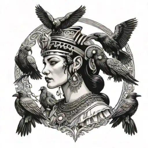 A detailed portrait of Cleopatra with a flock of ravens circling around her head, representing power and mystery tattoo design idea